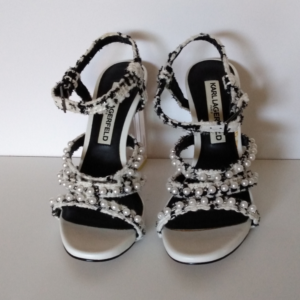 Karl Lagerfeld Black and White Pearl Embellished Women's Sandals